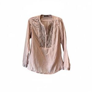 Massimo Dutti Silk Blend Taupe Beaded Split Neck Pullover Peasant Blouse XS